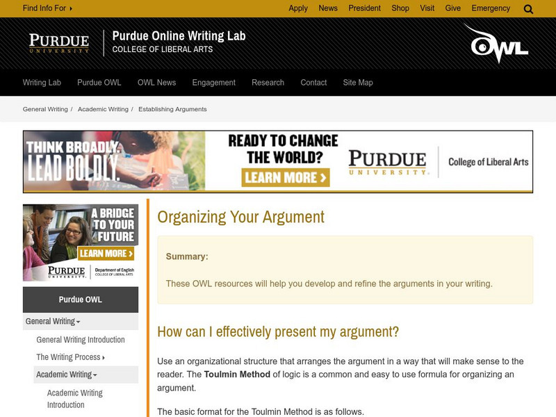 Purdue University Owl: Organizing Your Argument Handout Purdue University Owl: Organizing Your Argument Handout