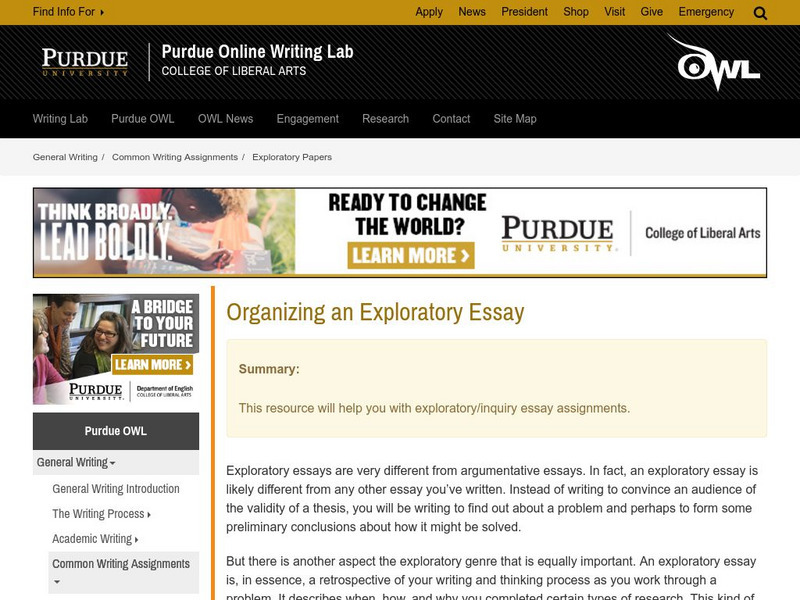 Purdue University Owl: Organizing an Exploratory Essay Handout Purdue University Owl: Organizing an Exploratory Essay Handout