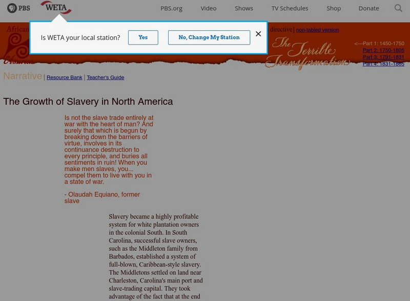 Pbs: Cet: Africans in America: The Growth of Slavery in North America Unit Plan Pbs: Cet: Africans in America: The Growth of Slavery in North America Unit Plan