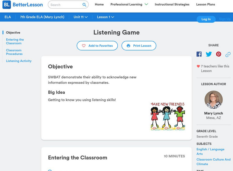 Better Lesson: Listening Game Lesson Plan Better Lesson: Listening Game Lesson Plan