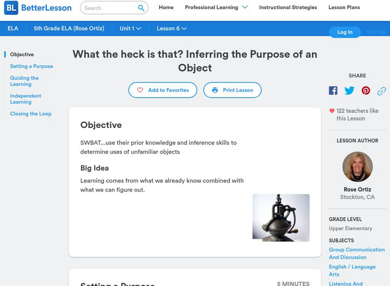 Better Lesson: What the Heck Is That? Inferring the Purpose of an Object Lesson Plan