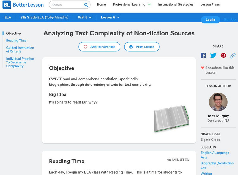 Better Lesson: Analyzing Text Complexity of Non Fiction Sources Lesson Plan
