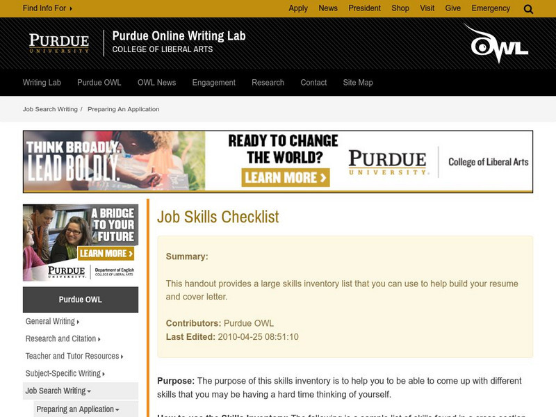 Purdue University Owl: Job Search Writing: Job Skills Checklist Activity Purdue University Owl: Job Search Writing: Job Skills Checklist Activity