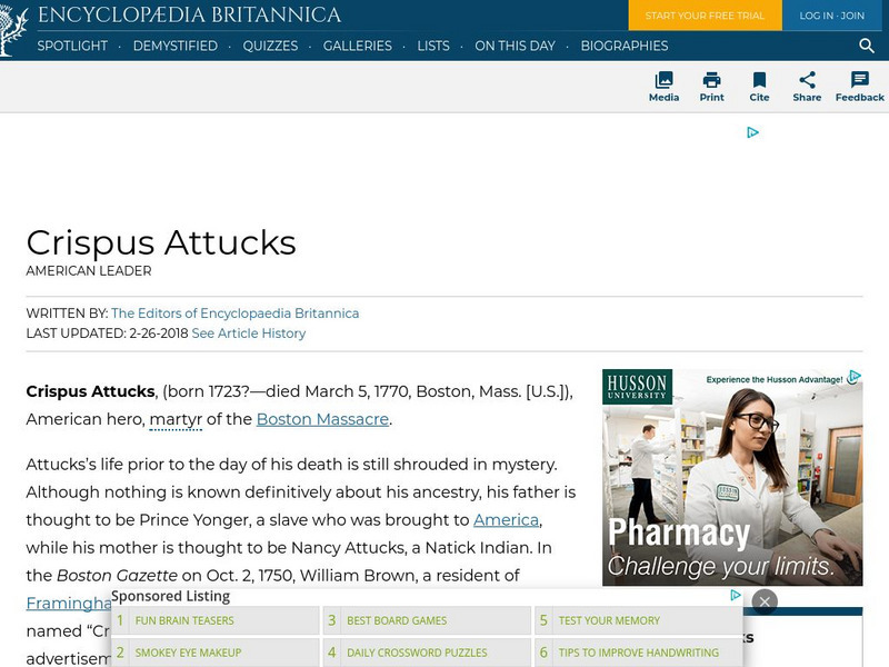 Encyclopedia Britannica: Crispus Attucks Handout Encyclopedia Britannica: Crispus Attucks Handout