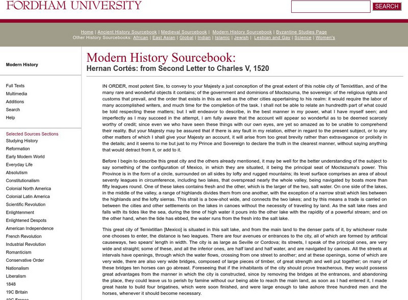 Fordham University: Modern History Sourcebook: Hernan Cortes Primary Fordham University: Modern History Sourcebook: Hernan Cortes Primary