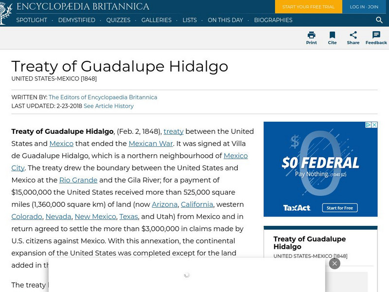 Encyclopedia Britannica: Treaty of Guadalupe Hidalgo Handout Encyclopedia Britannica: Treaty of Guadalupe Hidalgo Handout
