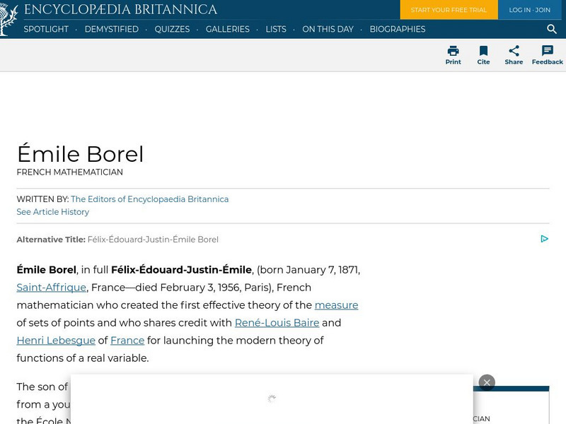 Encyclopedia Britannica: Emile Borel Handout Encyclopedia Britannica: Emile Borel Handout