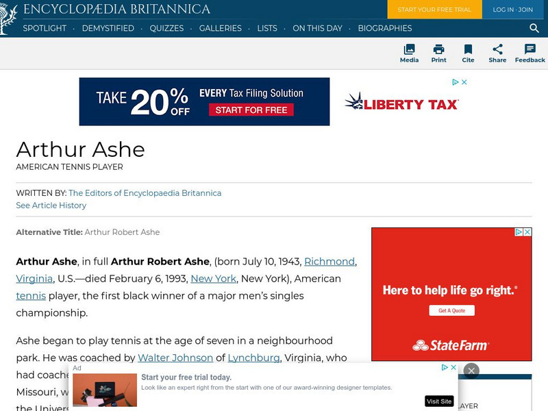 Encyclopedia Britannica: Arthur Ashe Handout Encyclopedia Britannica: Arthur Ashe Handout