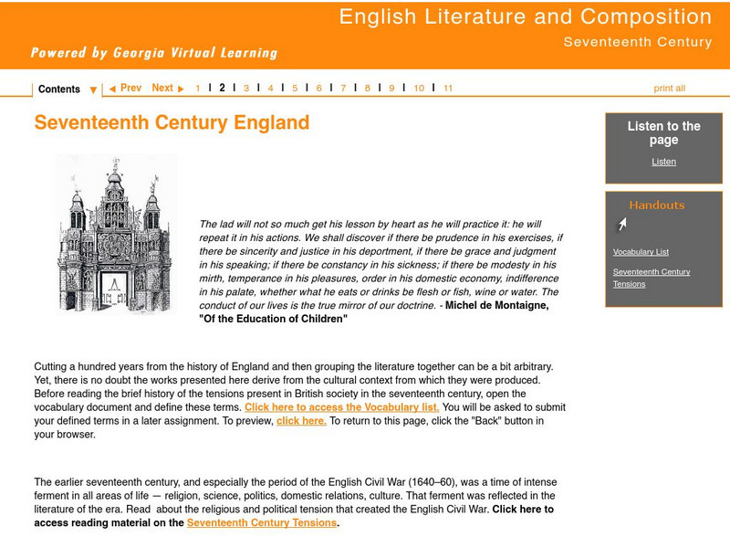 Ga Virtual Learning: 17th Century British Literature Seventeenth Century England Unit Plan Ga Virtual Learning: 17th Century British Literature Seventeenth Century England Unit Plan