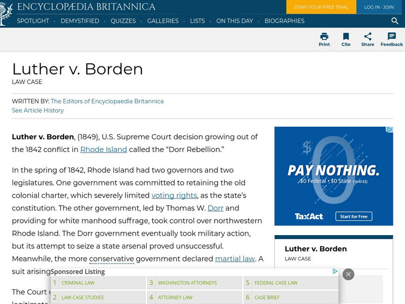 Encyclopedia Britannica: Luther v. Borden Handout Encyclopedia Britannica: Luther v. Borden Handout