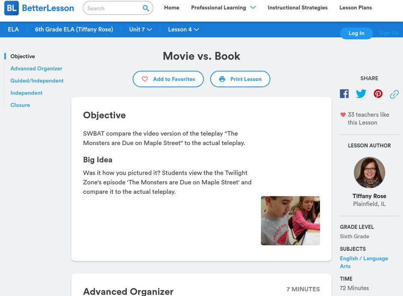 Better Lesson: Movie vs. Book Lesson Plan Better Lesson: Movie vs. Book Lesson Plan