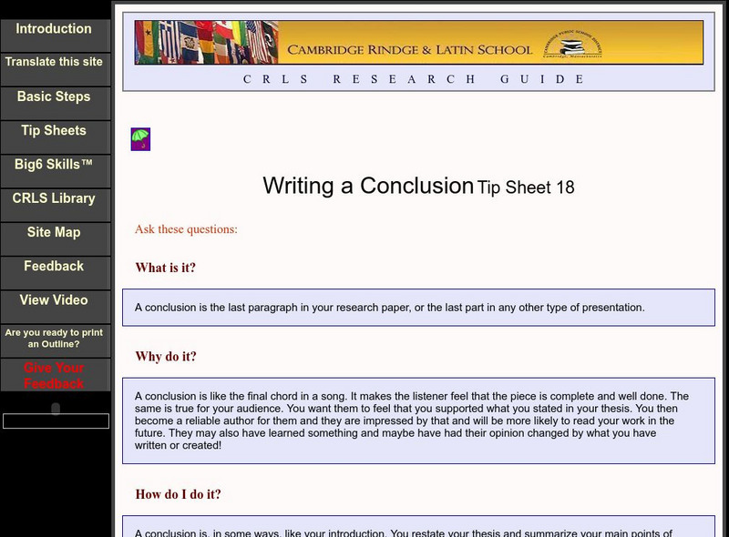 Cambridge Rindge & Latin School: Research Paper: Writing a Conclusion Handout Cambridge Rindge & Latin School: Research Paper: Writing a Conclusion Handout
