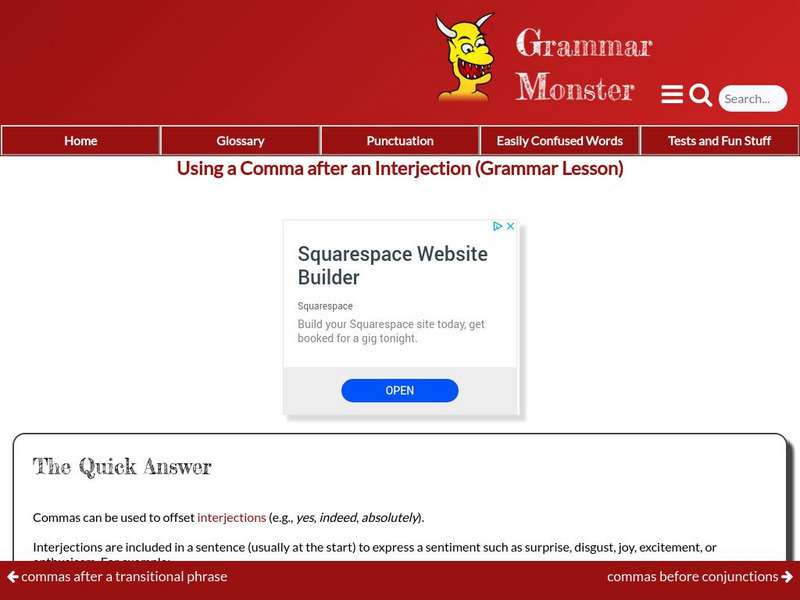 Grammar Monster: Using a Comma After an Interjection Handout