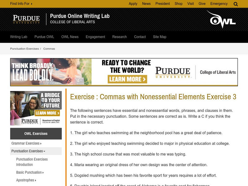 Purdue University Owl: Exercise: Commas With Nonessential Elements Exercise 3 Activity