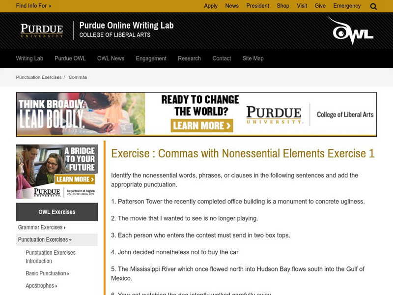 Purdue University Owl: Commas Set Off Nonessential Elements: Exercise #1 Unknown Type Purdue University Owl: Commas Set Off Nonessential Elements: Exercise #1 Unknown Type