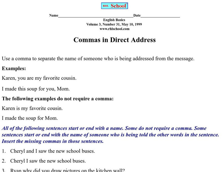 Rhl School: Commas in Direct Address Unknown Type Rhl School: Commas in Direct Address Unknown Type