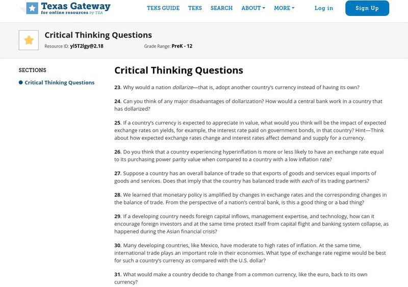Texas Gateway: 15: Exchange Rates & Intl Capital Flows: Critical Thinking Unknown Type Texas Gateway: 15: Exchange Rates & Intl Capital Flows: Critical Thinking Unknown Type