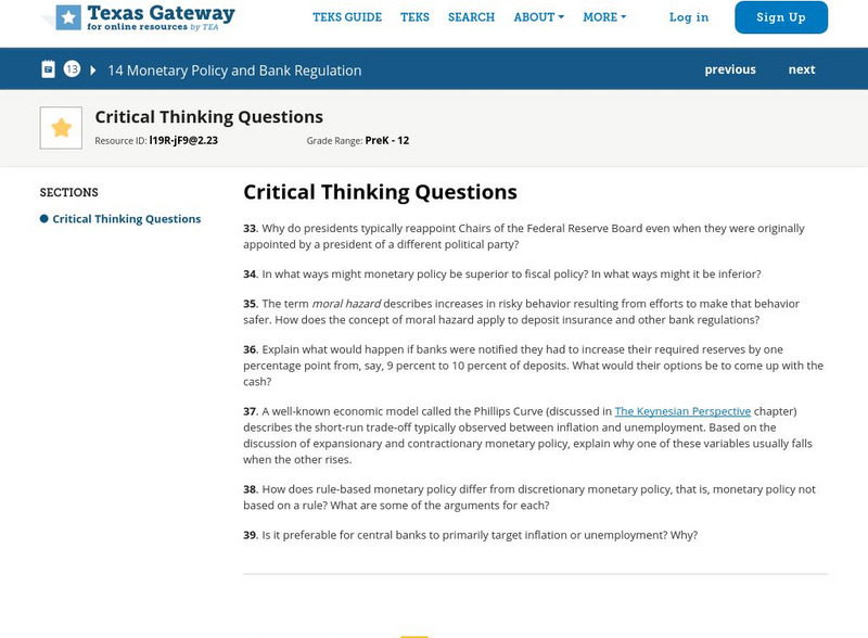 Texas Gateway: 14: Monetary Policy & Bank Regulation:critical Thinking Questions Unknown Type Texas Gateway: 14: Monetary Policy & Bank Regulation:critical Thinking Questions Unknown Type