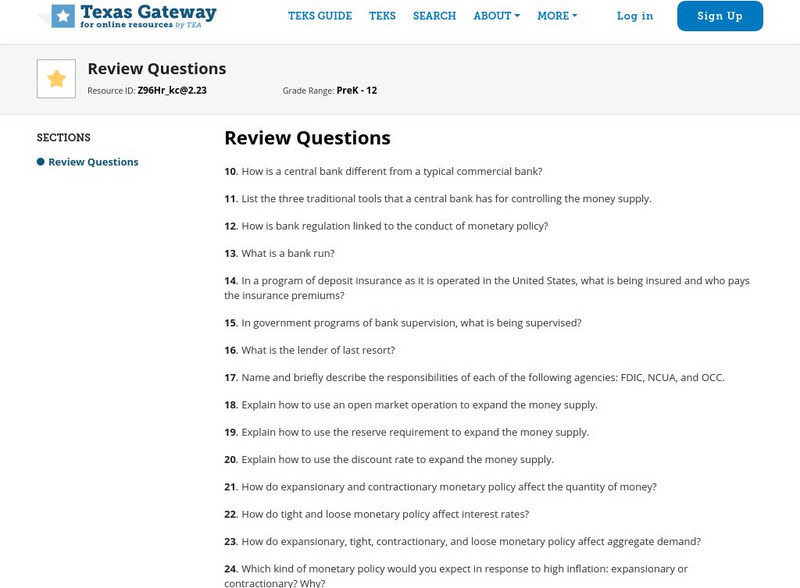 Texas Gateway: 14: Monetary Policy & Bank Regulation: Review Questions Unknown Type Texas Gateway: 14: Monetary Policy & Bank Regulation: Review Questions Unknown Type