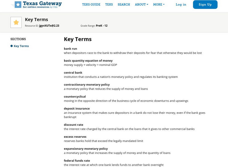Texas Gateway: Ch. 14: Monetary Policy and Bank Regulation: Key Terms Handout Texas Gateway: Ch. 14: Monetary Policy and Bank Regulation: Key Terms Handout