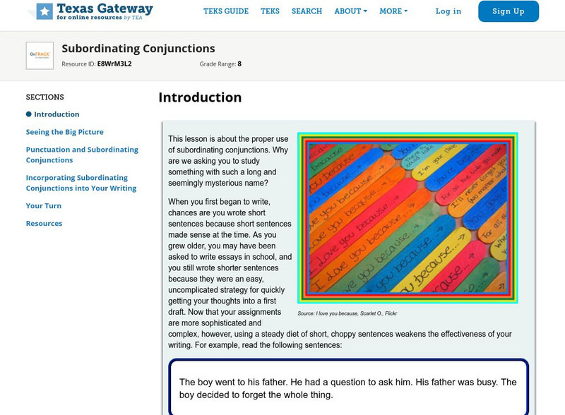 Texas Gateway: Subordinating Conjunctions Unit Plan Texas Gateway: Subordinating Conjunctions Unit Plan