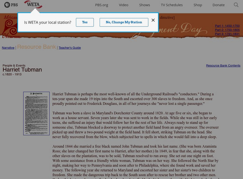 Pbs: Africans in America: Harriet Tubman (1820 1913) Article Pbs: Africans in America: Harriet Tubman (1820 1913) Article