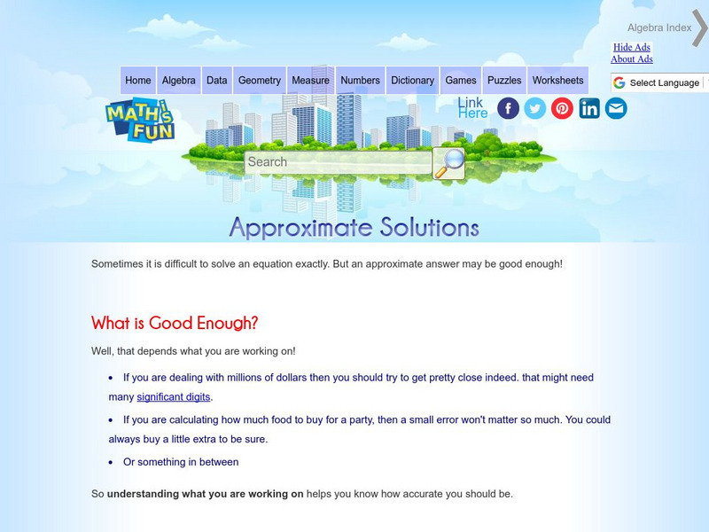 Math Is Fun: Approximate Solutions Handout Math Is Fun: Approximate Solutions Handout