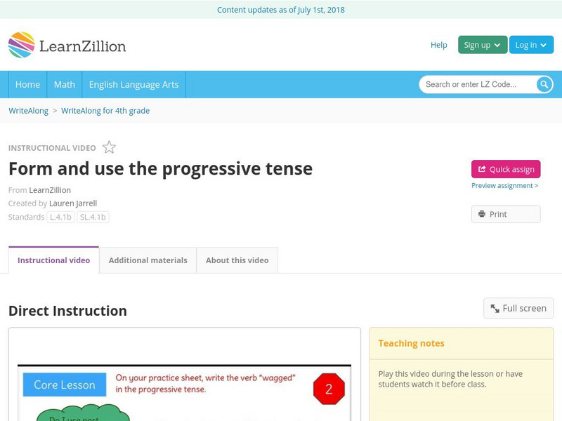 Learn Zillion: Form and Use the Progressive Tense Instructional Video Learn Zillion: Form and Use the Progressive Tense Instructional Video