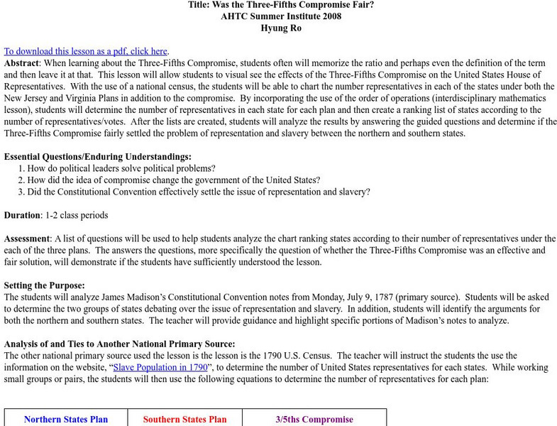 Urbana School District: Was the Three Fifths Compromise Fair? Lesson Plan Urbana School District: Was the Three Fifths Compromise Fair? Lesson Plan