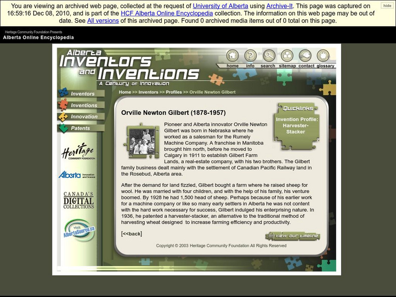 Alberta Online Encyclopedia: Alberta Inventors and Inventions: Orville Newton Gilbert Handout Alberta Online Encyclopedia: Alberta Inventors and Inventions: Orville Newton Gilbert Handout