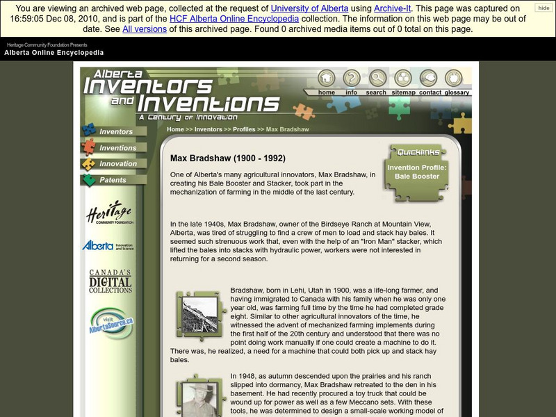 Alberta Online Encyclopedia: Alberta Inventors and Inventions: Max Bradshaw Handout Alberta Online Encyclopedia: Alberta Inventors and Inventions: Max Bradshaw Handout