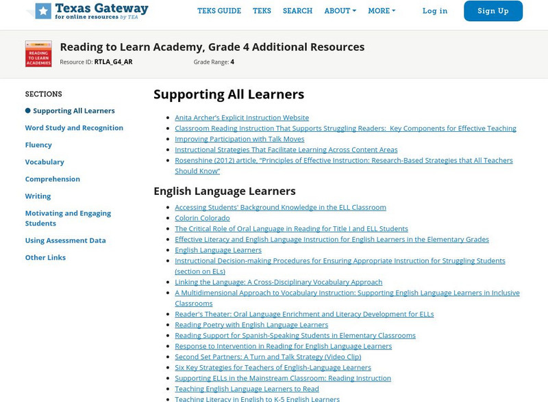 Texas Gateway: Reading to Learn Academy, Grade 4 Additional Resources Professional Doc