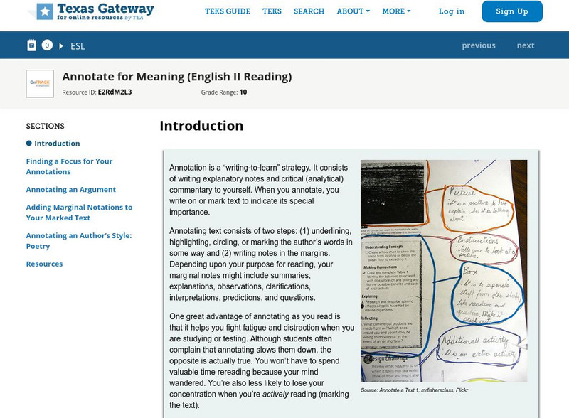Texas Gateway: Reading Comprehension Across Genres: Annotate for Meaning Unit Plan
