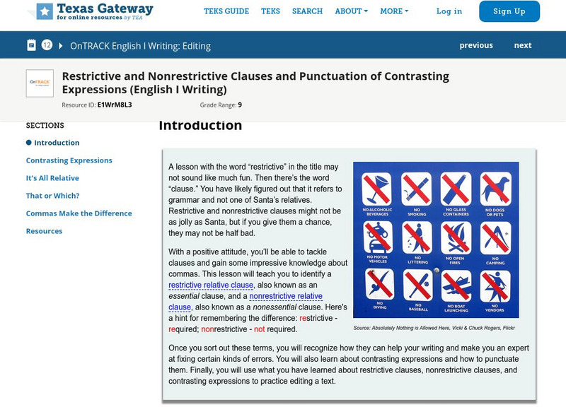Texas Gateway: Restrictive & Nonrestrictive Clauses & Punctuation Unit Plan