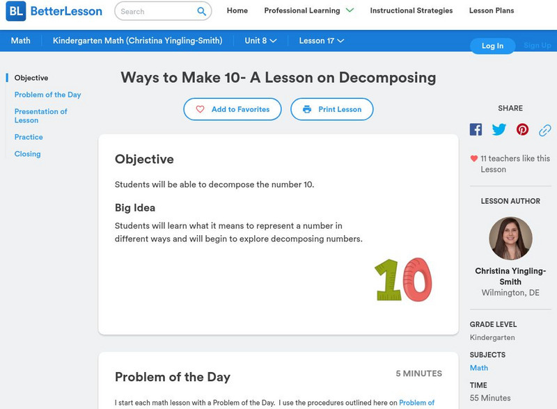Better Lesson: Ways to Make 10 a Lesson on Decomposing Lesson Plan Better Lesson: Ways to Make 10 a Lesson on Decomposing Lesson Plan