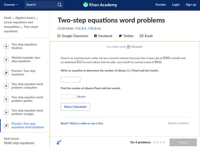 Khan Academy: Two Step Equations Word Problems Unknown Type Khan Academy: Two Step Equations Word Problems Unknown Type
