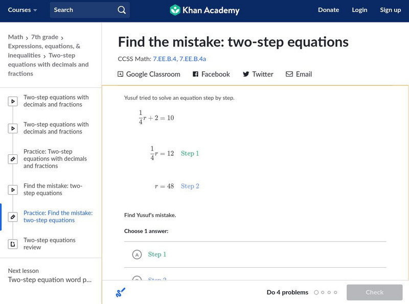 Khan Academy: Find the Mistake: Two Step Equations Unit Plan Khan Academy: Find the Mistake: Two Step Equations Unit Plan