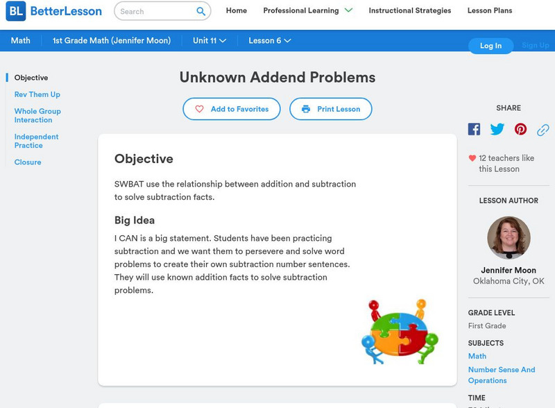 Better Lesson: Unknown Addend Problem Lesson Plan