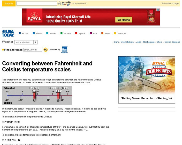 Usa Today: Converting Between Temperature Scales Handout Usa Today: Converting Between Temperature Scales Handout