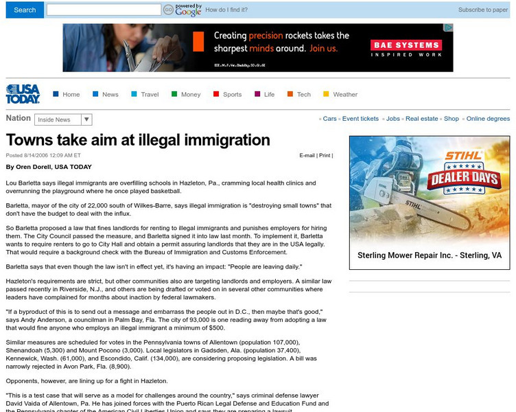 Usa Today: Towns Take Aim at Illegal Immigration Article Usa Today: Towns Take Aim at Illegal Immigration Article
