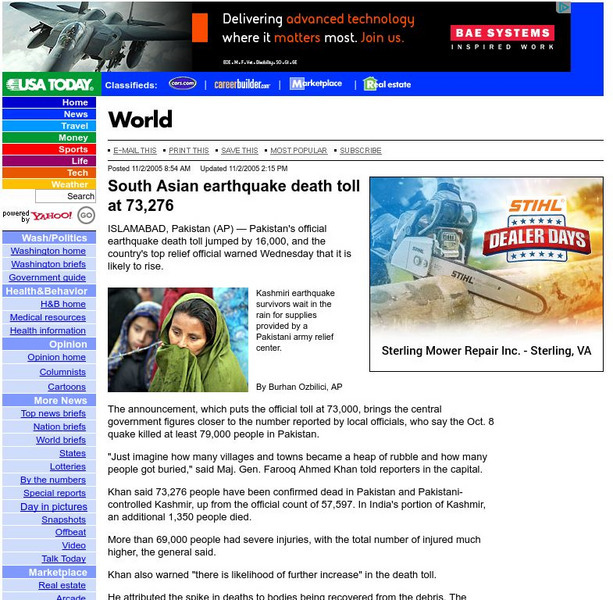 Usa Today: South Asian Earthquake Death Toll at 73,276 Website Usa Today: South Asian Earthquake Death Toll at 73,276 Website