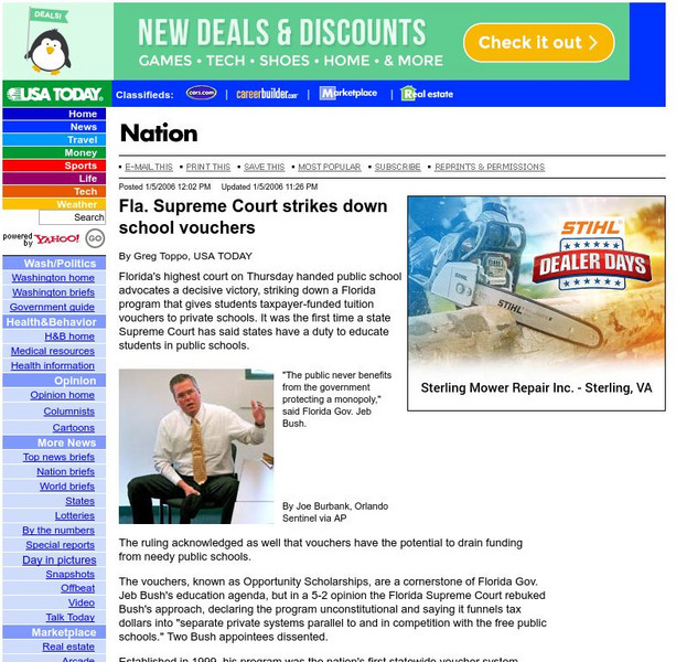 Usa Today: Fla. Supreme Ct. Strikes Down School Vouchers Article Usa Today: Fla. Supreme Ct. Strikes Down School Vouchers Article