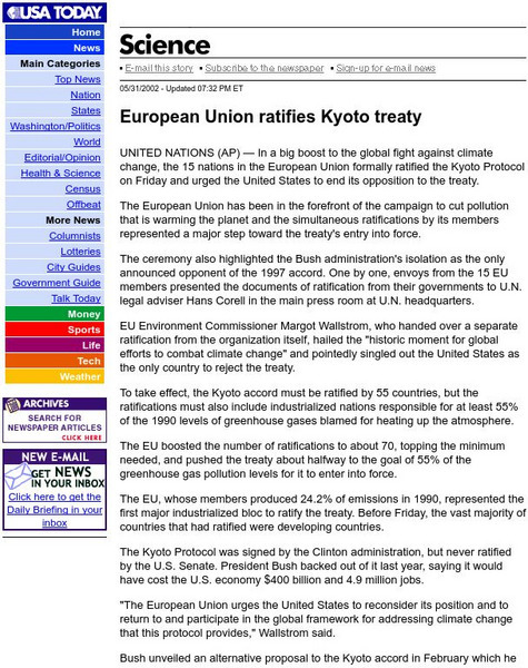 Usa Today: European Union Ratifies Kyoto Treaty Article Usa Today: European Union Ratifies Kyoto Treaty Article