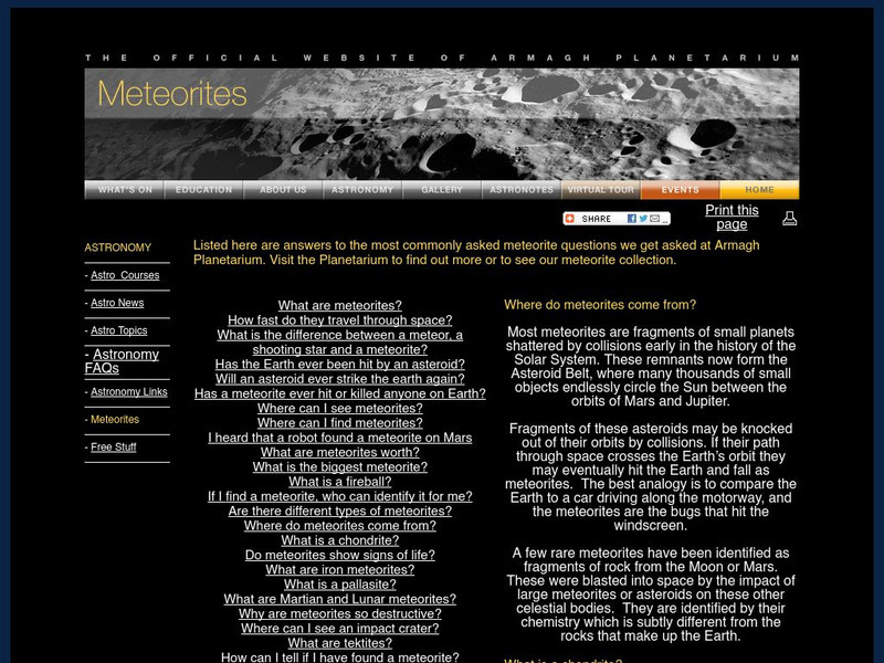 Armagh Planetarium: Meteorites: Answers to Commonly Asked Questions Handout Armagh Planetarium: Meteorites: Answers to Commonly Asked Questions Handout