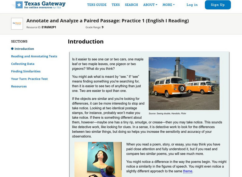 Texas Gateway: Annotate and Analyze a Paired Passage: Practice 1 Activity Texas Gateway: Annotate and Analyze a Paired Passage: Practice 1 Activity