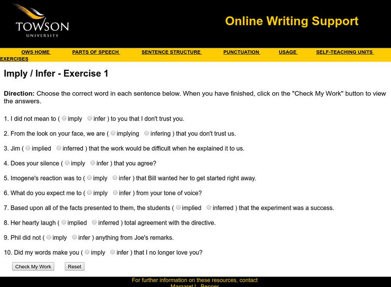 Towson University: Ows: Imply / Infer Exercise 1 Unknown Type Towson University: Ows: Imply / Infer Exercise 1 Unknown Type