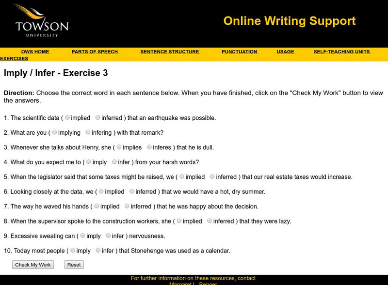Towson University: Ows: Imply / Infer Exercise 3 Unknown Type Towson University: Ows: Imply / Infer Exercise 3 Unknown Type