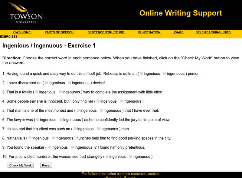 Towson University: Ows: Ingenious / Ingenuous Exercise 1 Unknown Type Towson University: Ows: Ingenious / Ingenuous Exercise 1 Unknown Type