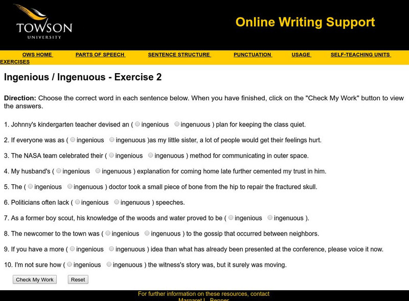 Towson University: Ows: Ingenious / Ingenuous Exercise 2 Unknown Type Towson University: Ows: Ingenious / Ingenuous Exercise 2 Unknown Type