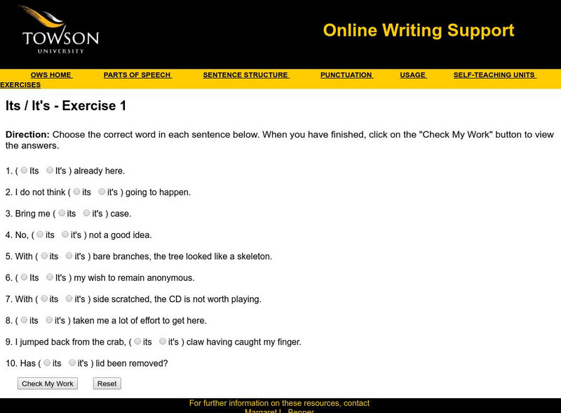 Towson University: Ows: Its / It's Exercise 1 Unknown Type Towson University: Ows: Its / It's Exercise 1 Unknown Type